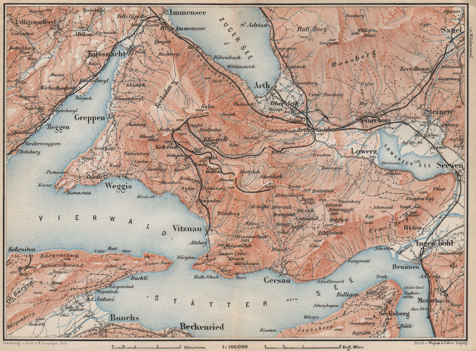 THE RIGI. Vitznau Lowerz Immensee Arth Gersau Bekenried. Topo-map 1897 old